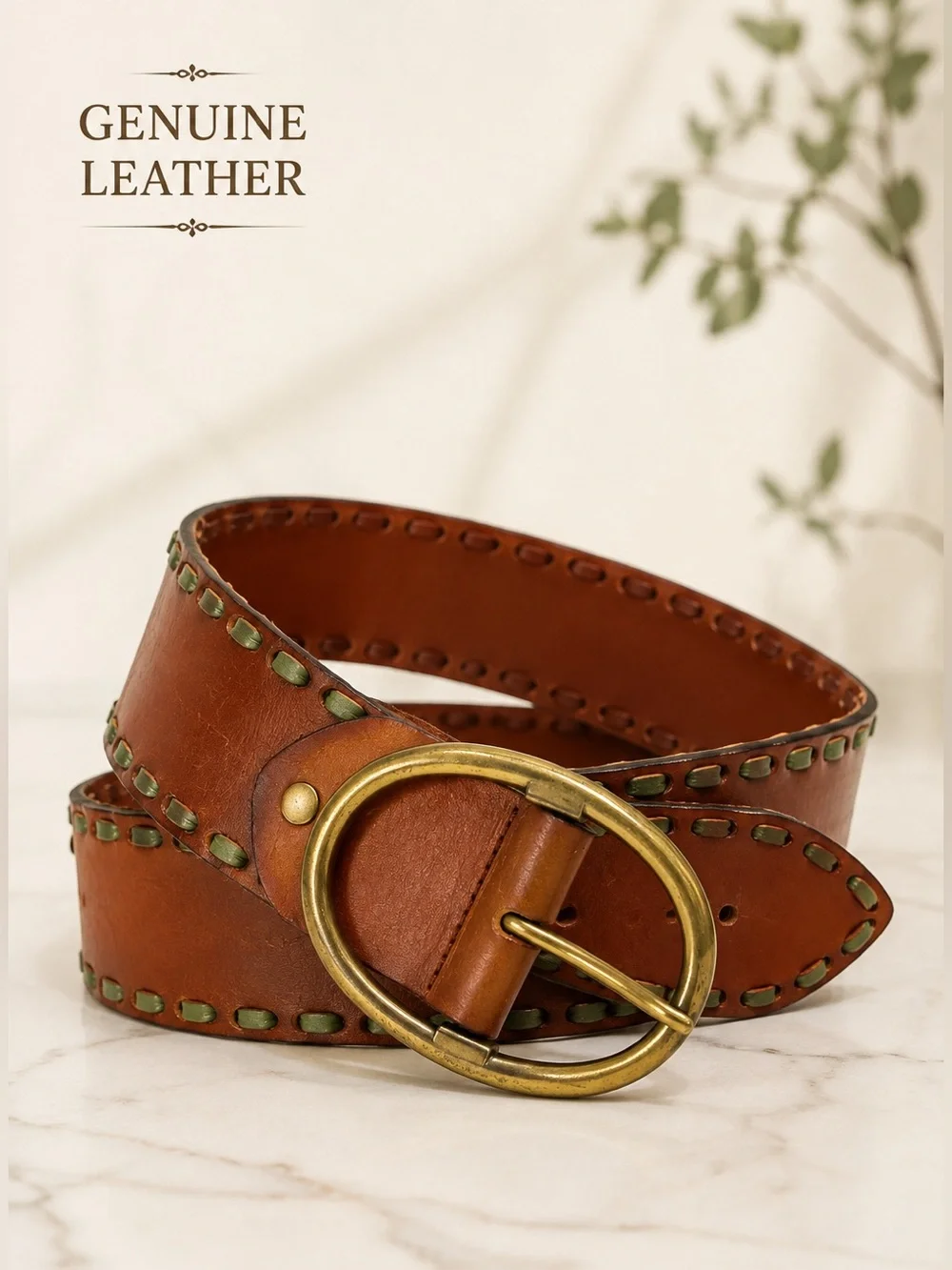 Genuine Leather Brown Statement Belt with Brass Oval Buckle